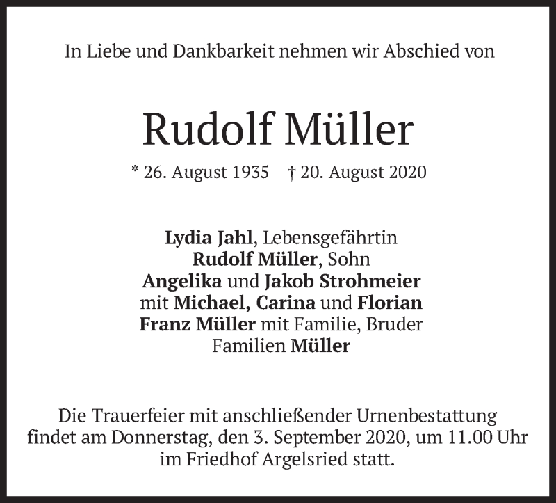  Traueranzeige für Rudolf Müller vom 29.08.2020 aus merkurtz