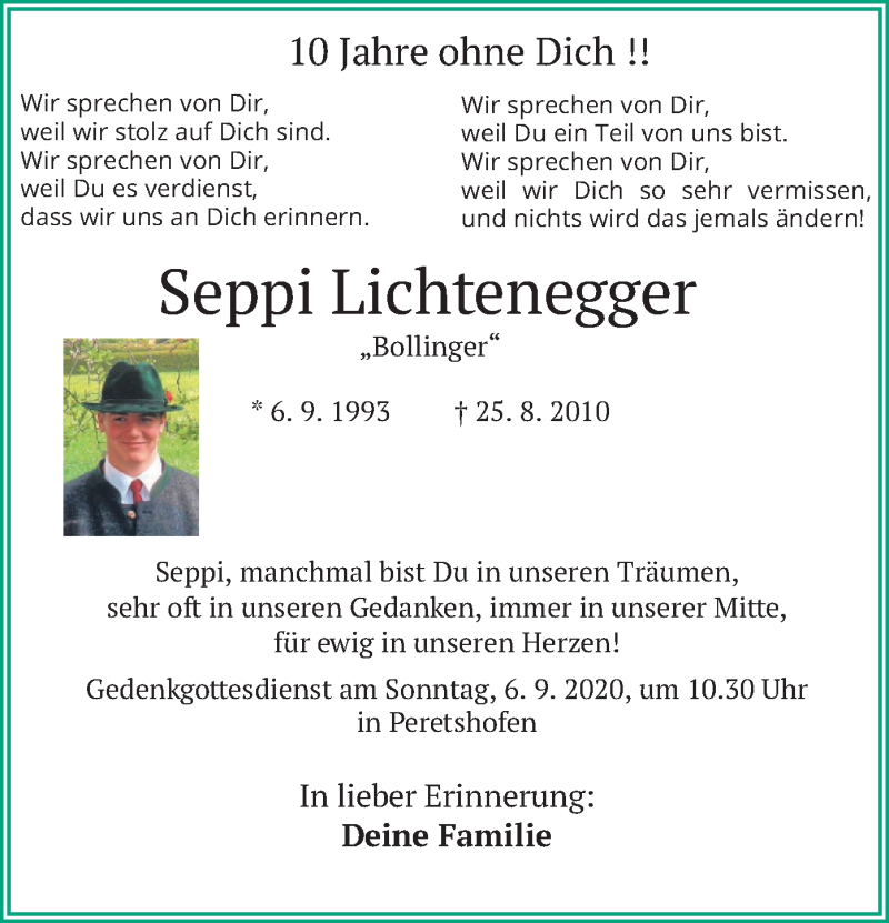  Traueranzeige für Seppi Lichtenegger vom 25.08.2020 aus merkurtz