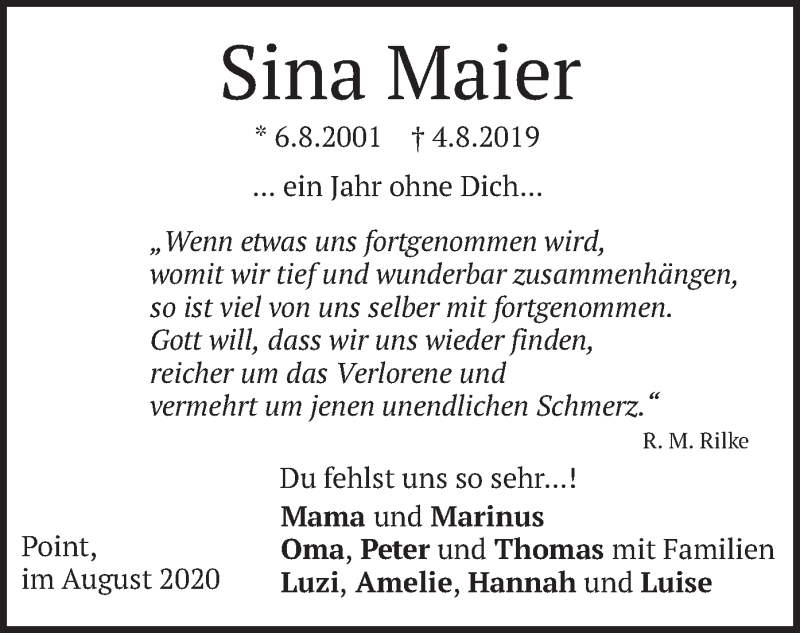 Traueranzeige für Sina Maier vom 04.08.2020 aus merkurtz