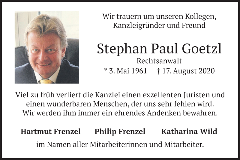  Traueranzeige für Stephan Paul Goetzl vom 19.08.2020 aus merkurtz