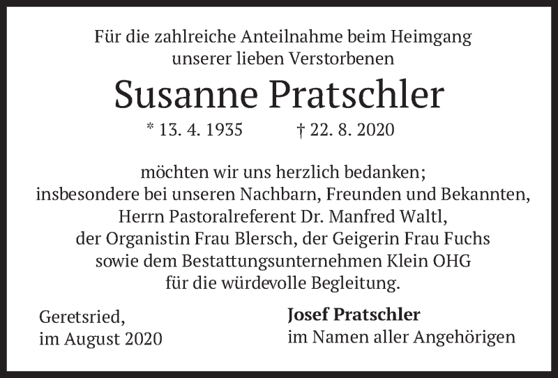  Traueranzeige für Susanne Pratschler vom 29.08.2020 aus merkurtz