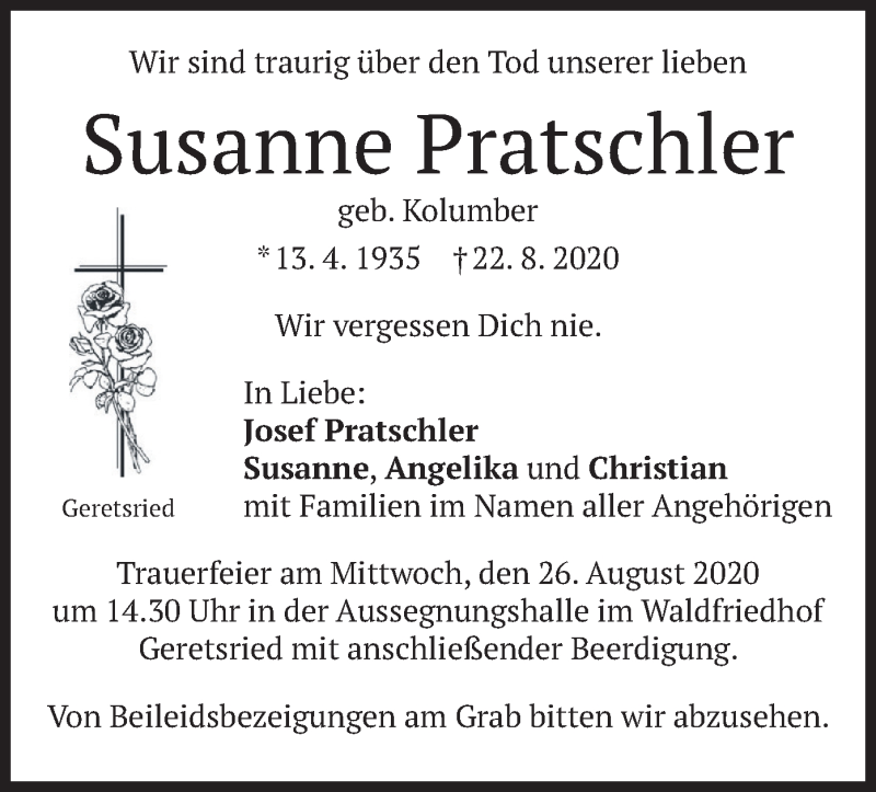  Traueranzeige für Susanne Pratschler vom 24.08.2020 aus merkurtz