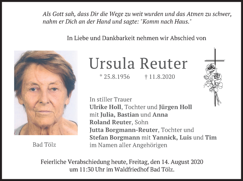  Traueranzeige für Ursula Reuter vom 14.08.2020 aus merkurtz