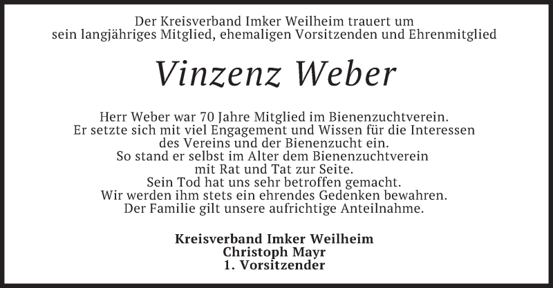  Traueranzeige für Vinzenz Weber vom 10.08.2020 aus merkurtz