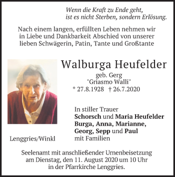 Traueranzeige von Walburga Heufelder von merkurtz
