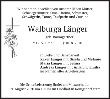 Traueranzeige von Walburga Länger von merkurtz