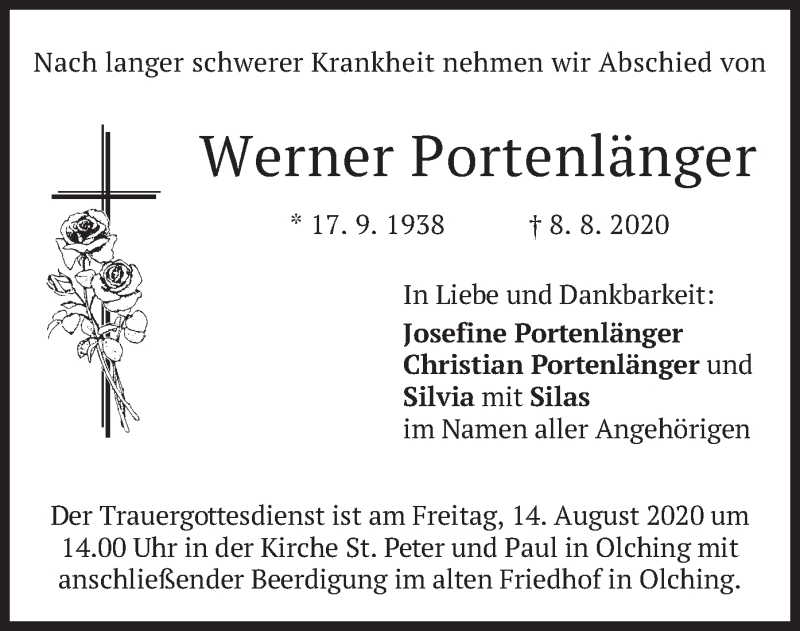  Traueranzeige für Werner Portenlänger vom 12.08.2020 aus merkurtz