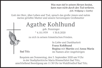 Traueranzeige von Agathe Kohlhund von merkurtz