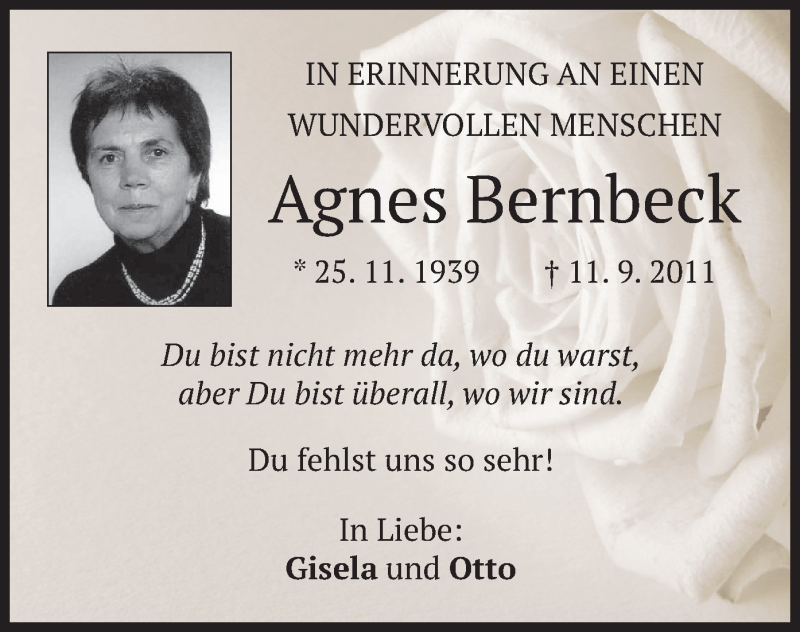  Traueranzeige für Agnes Bernbeck vom 11.09.2020 aus merkurtz