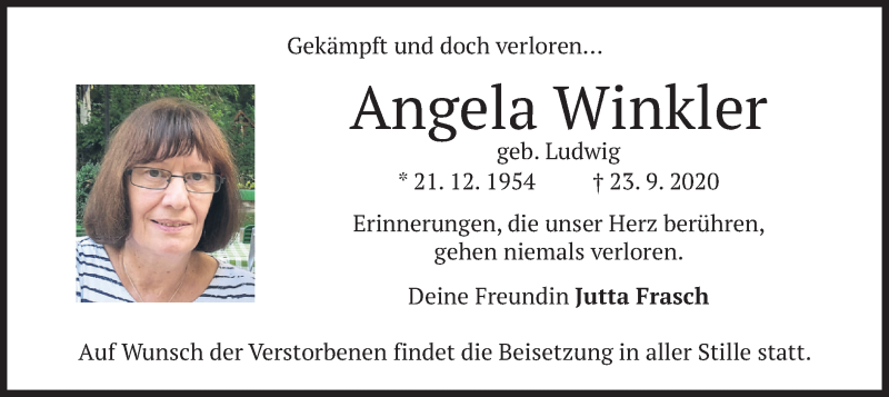  Traueranzeige für Angela Winkler vom 26.09.2020 aus merkurtz