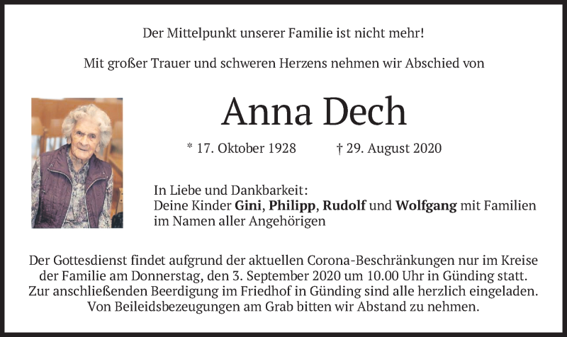  Traueranzeige für Anna Dech vom 02.09.2020 aus merkurtz