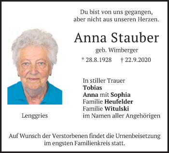 Traueranzeige von Anna Stauber von merkurtz