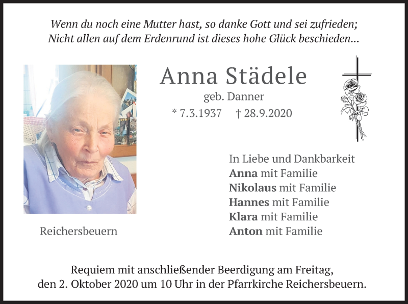  Traueranzeige für Anna Städele vom 30.09.2020 aus merkurtz