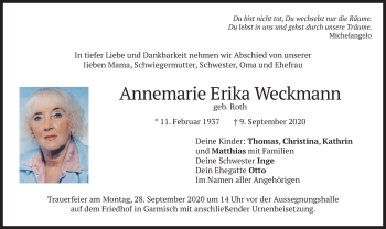 Traueranzeige von Annemarie Erika Weckmann von merkurtz