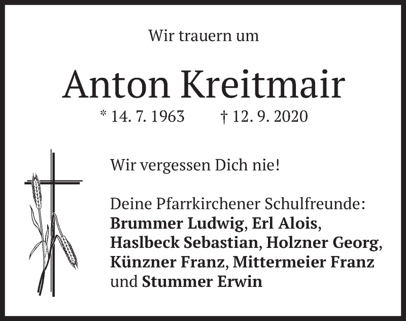  Traueranzeige für Anton Kreitmair vom 19.09.2020 aus merkurtz