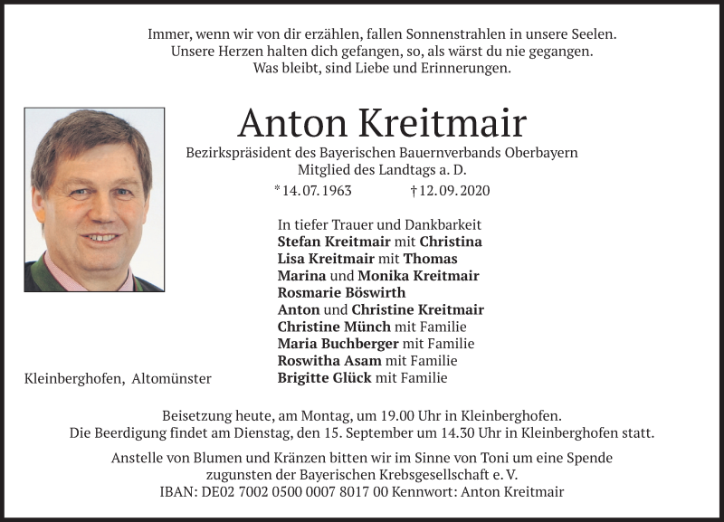  Traueranzeige für Anton Kreitmair vom 14.09.2020 aus merkurtz