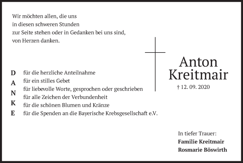  Traueranzeige für Anton Kreitmair vom 26.09.2020 aus merkurtz