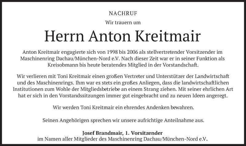  Traueranzeige für Anton Kreitmair vom 16.09.2020 aus merkurtz