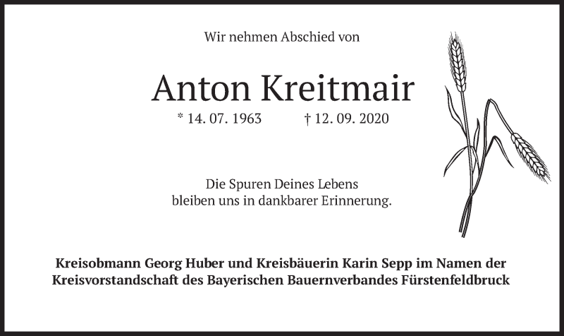  Traueranzeige für Anton Kreitmair vom 16.09.2020 aus merkurtz