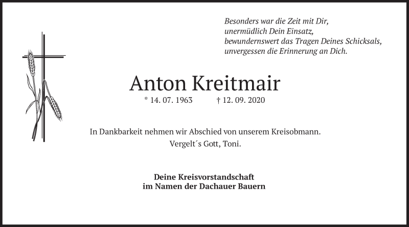 Traueranzeige für Anton Kreitmair vom 15.09.2020 aus merkurtz