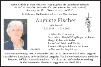 Traueranzeige von Auguste Fischer von merkurtz