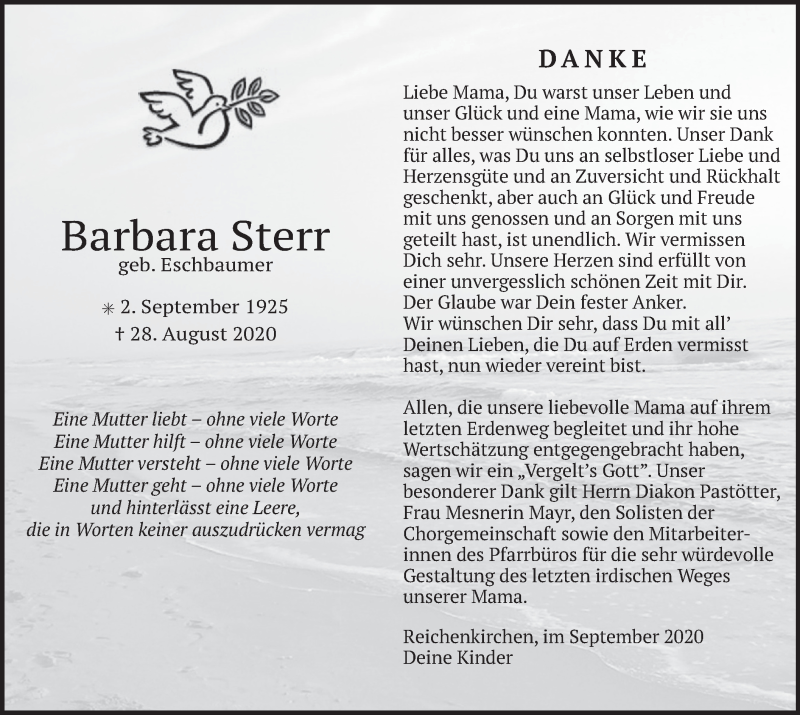  Traueranzeige für Barbara Sterr vom 26.09.2020 aus merkurtz