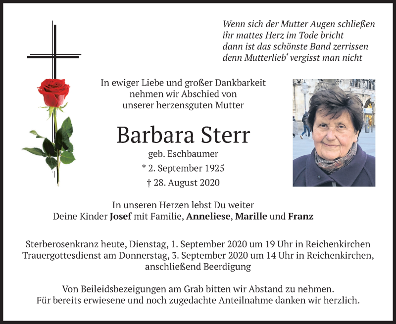  Traueranzeige für Barbara Sterr vom 01.09.2020 aus merkurtz