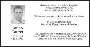 Traueranzeige von Bruno Tanzer von merkurtz