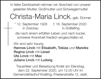 Traueranzeige von Christa-Maria  Linck von merkurtz
