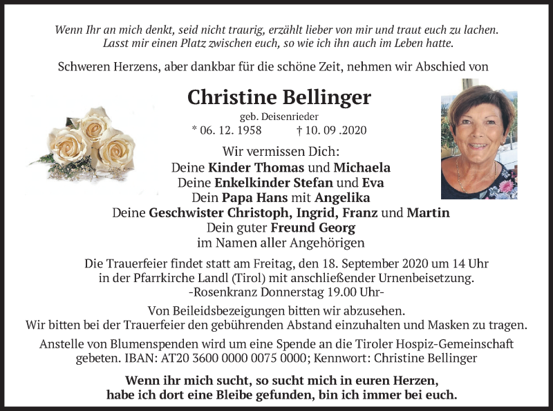  Traueranzeige für Christine Bellinger vom 15.09.2020 aus merkurtz