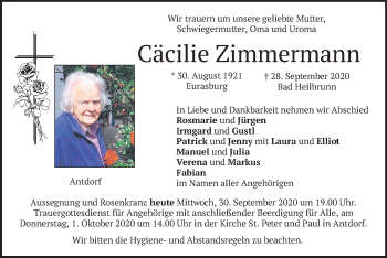 Traueranzeige von Cäcilie Zimmermann von merkurtz