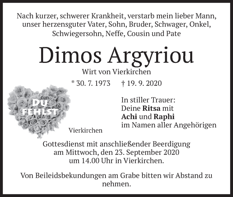  Traueranzeige für Dimos Argyriou vom 21.09.2020 aus merkurtz