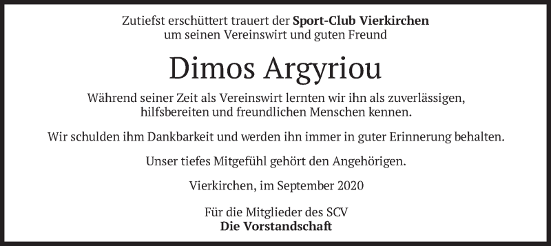  Traueranzeige für Dimos Argyriou vom 22.09.2020 aus merkurtz