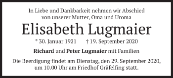 Traueranzeige von Elisabeth Lugmaier von merkurtz