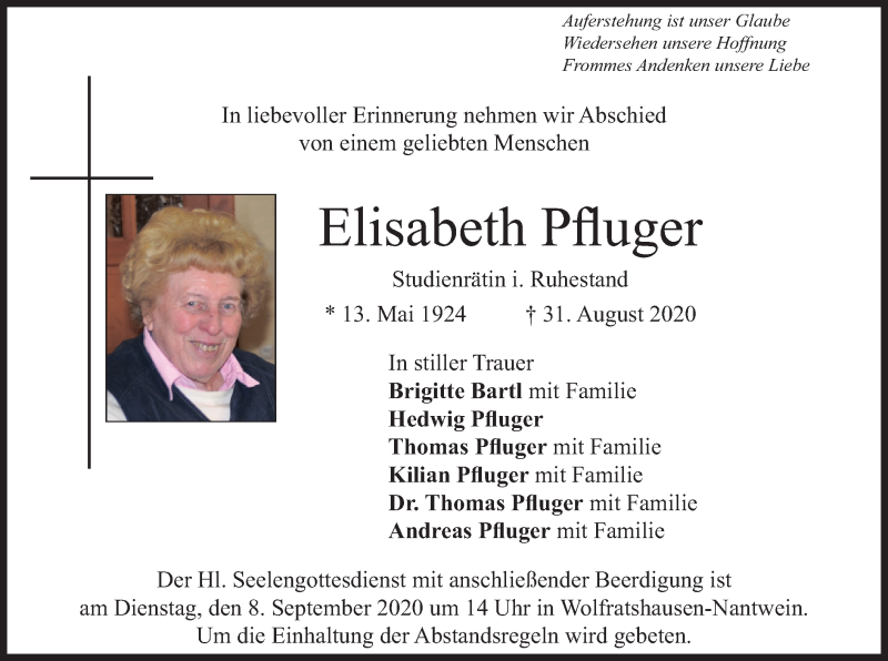  Traueranzeige für Elisabeth Pfluger vom 05.09.2020 aus merkurtz