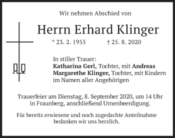 Traueranzeige von Erhard Klinger von merkurtz
