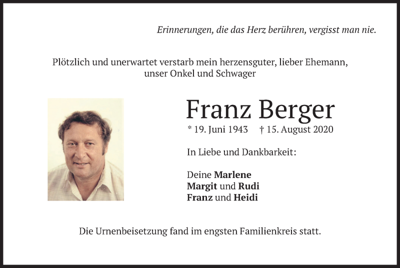  Traueranzeige für Franz Berger vom 02.09.2020 aus merkurtz