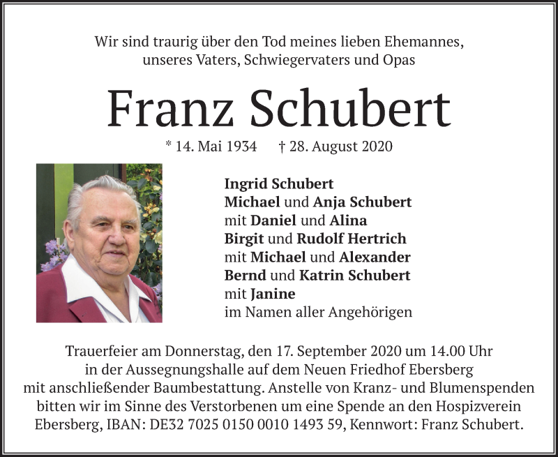  Traueranzeige für Franz Schubert vom 05.09.2020 aus merkurtz