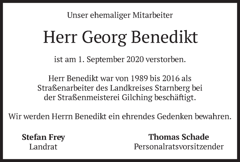  Traueranzeige für Georg Benedikt vom 08.09.2020 aus merkurtz