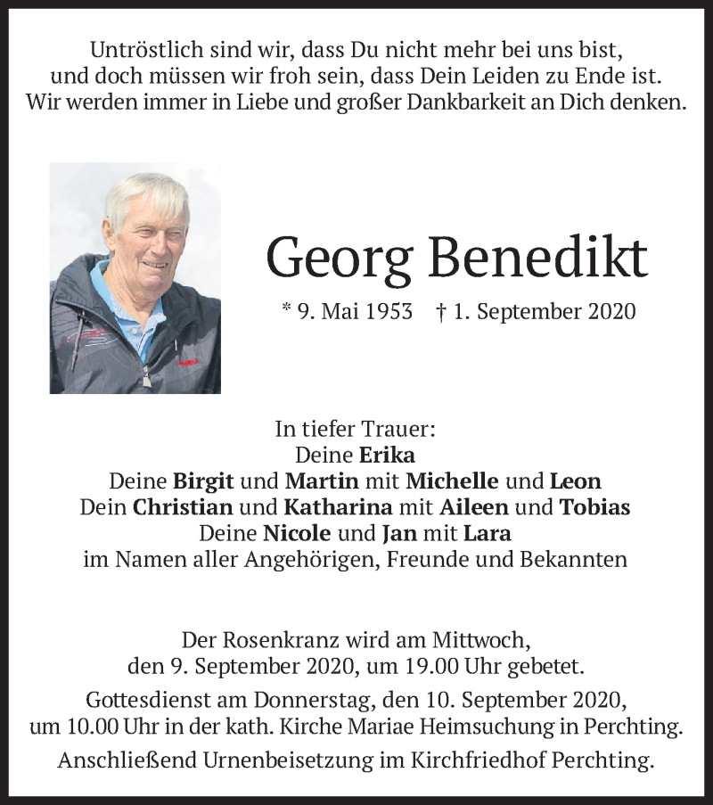  Traueranzeige für Georg Benedikt vom 05.09.2020 aus merkurtz