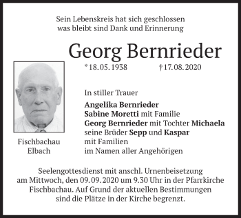 Traueranzeige von Georg Bernrieder von merkurtz