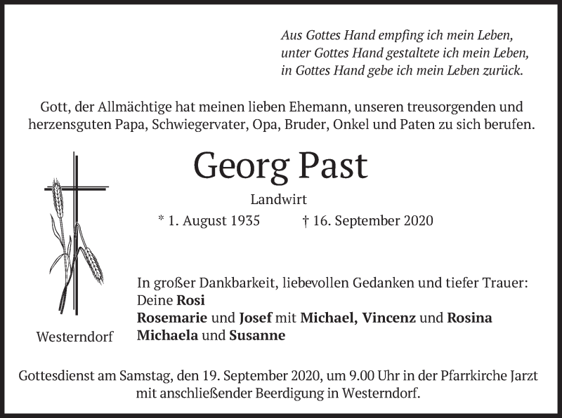  Traueranzeige für Georg Past vom 18.09.2020 aus merkurtz