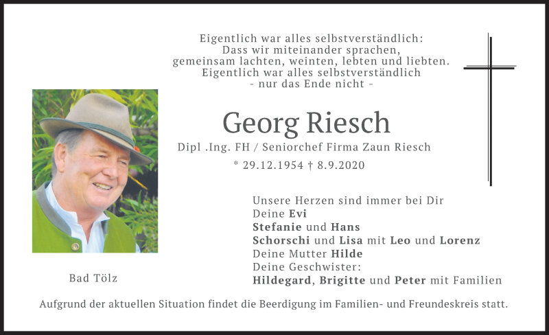  Traueranzeige für Georg Riesch vom 12.09.2020 aus merkurtz