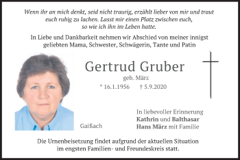 Traueranzeige von Gertrud Gruber von merkurtz