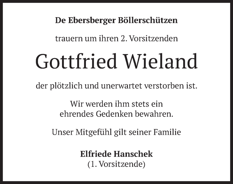  Traueranzeige für Gottfried Wieland vom 26.09.2020 aus merkurtz