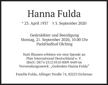 Traueranzeige von Hanna Fulda