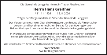 Traueranzeige von Hans Greither von merkurtz