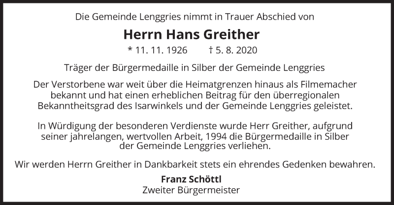  Traueranzeige für Hans Greither vom 02.09.2020 aus merkurtz
