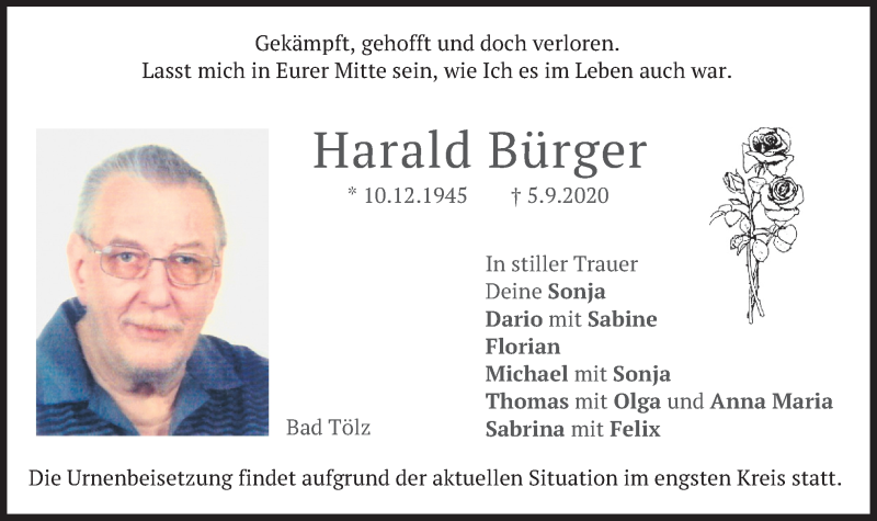  Traueranzeige für Harald Bürger vom 22.09.2020 aus merkurtz