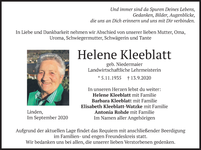  Traueranzeige für Helene Kleeblatt vom 16.09.2020 aus merkurtz